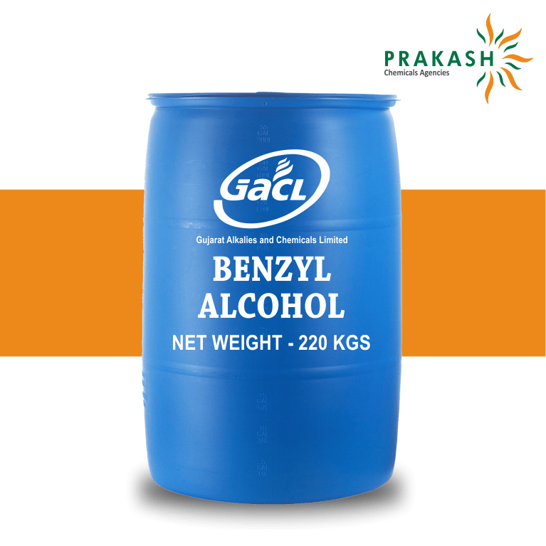 Prakash chemicals agencies Gujarat Benzyl Alcohol, C6H5CH2OH, 220 Kgs Net in HM HOPE Barrels, Gl Drums,ISO Tanks, brand offered - GACL