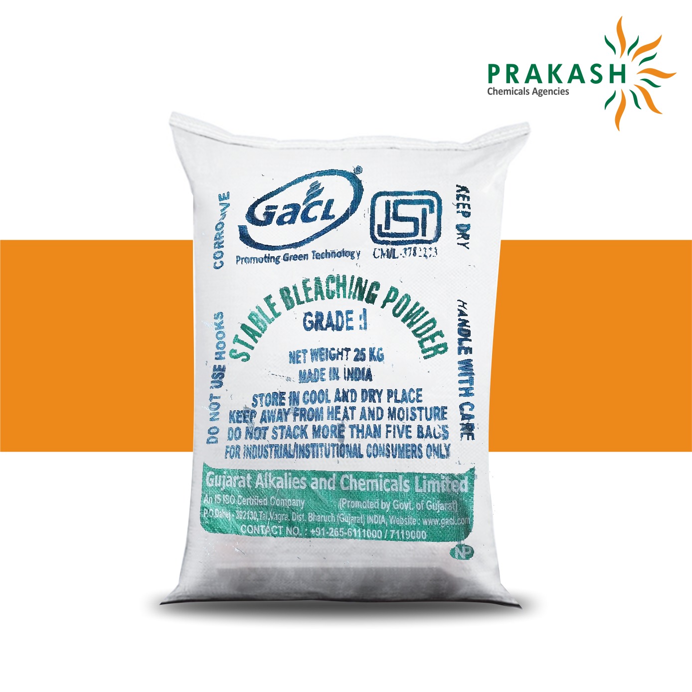 Prakash chemicals agencies Gujarat Bleaching Powder, CaOCL2, 25 Kg. LDPE lined HDPE bags, brand offered - GACL