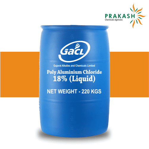 Prakash chemicals agencies Gujarat Poly Aluminium Chloride Liquid, Aln(OH)mCl3nm, Liquid (PAC10, PAC14, and PAC18): 50 kg HM-HDPE Carbouys/240 kg Acid-resistant rubber-lined tankers/HM-HDPE barrels, brand offered - GACL