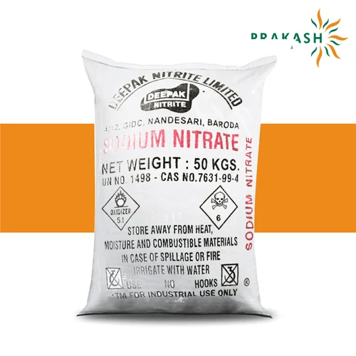Prakash chemicals agencies Gujarat Sodium nitrate, NaNO3, 50 kg 25 kgs HOPE bags with heat-sealed and automatically stitched inner plastic liner, brand offered - Deepak Nitrite Ltd.