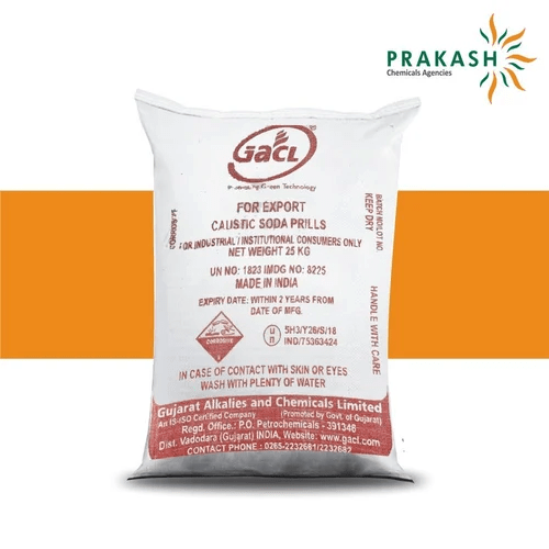 Prakash chemicals agencies Gujarat Caustic soda Prills, NaOH, 50 kg 25 kgs HOPE bags with heat-sealed and automatically stitched inner plastic liner, brand offered - GACL