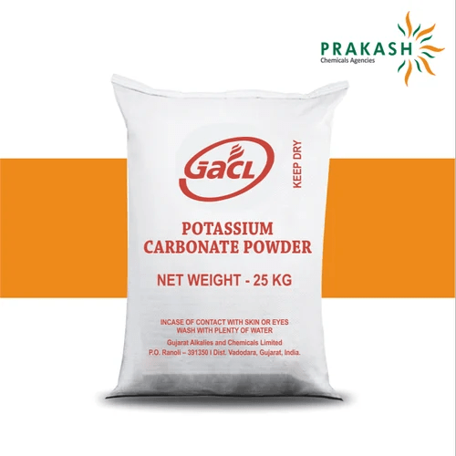 Prakash chemicals agencies Gujarat Potassium Carbonate Powder, K2CO3, 25/5Okg HDPE woven bags with inner HM -HOPE liner, brand offered - GACL