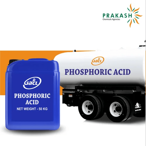 Prakash chemicals agencies Gujarat Phosphoric Acid , H3PO4, Carboys HM-HDPE 30 kilogram/50 kg, H M-HDPE Barrels weighing 300 kg, Road Tan with CS Rubber Lining, brand offered - GACL