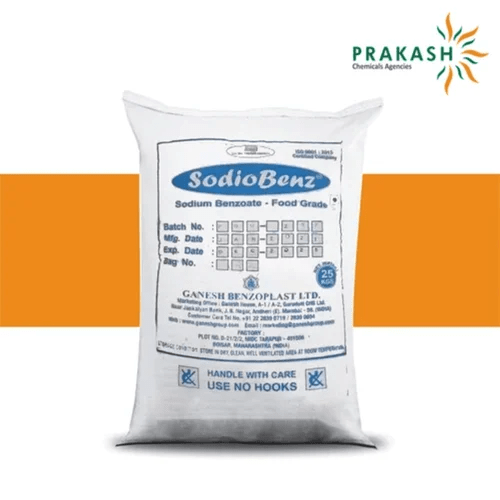 Prakash chemicals agencies Gujarat Sodium Benzoate, C7H5NaO2, 25 Kg Paper laminated HDPE woven sacks bag with inner liner, brand offered - Ganesh Benzoplast